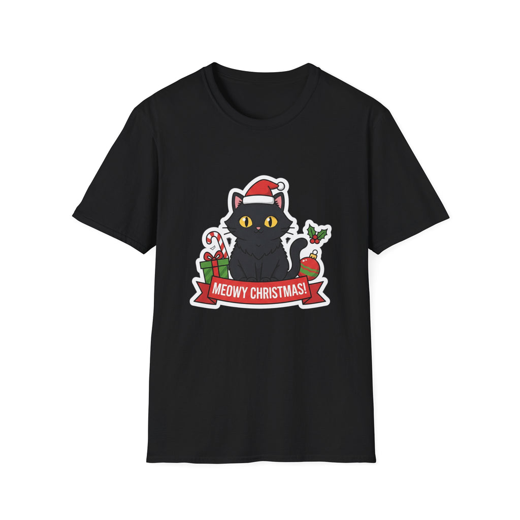 Meowy Christmas (Black Cat) T-Shirt