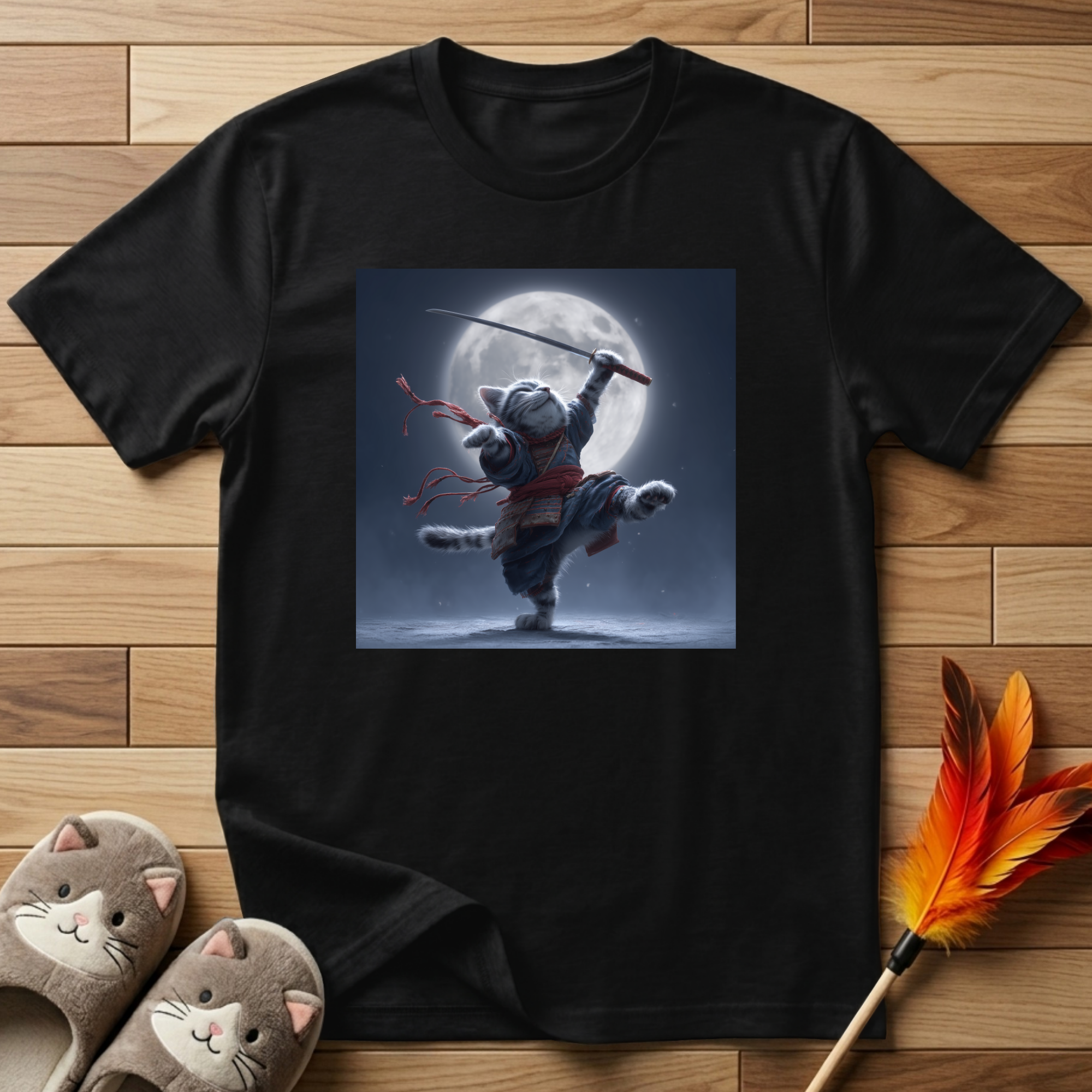 Samurai Cat and Moon T-Shirt