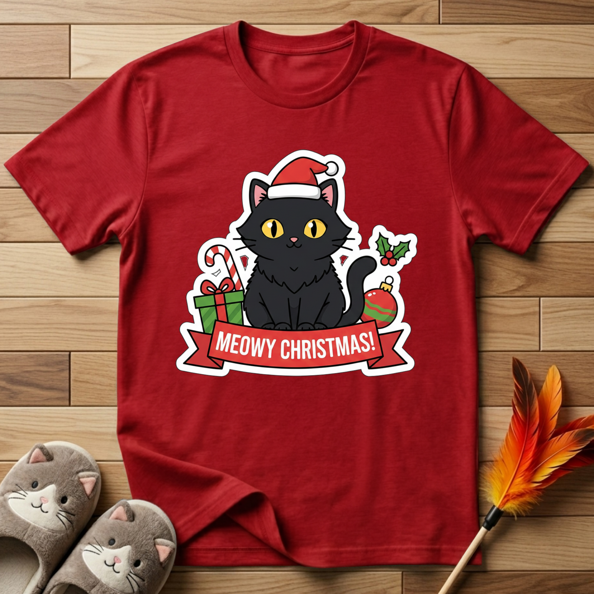 Meowy Christmas (Black Cat) T-Shirt