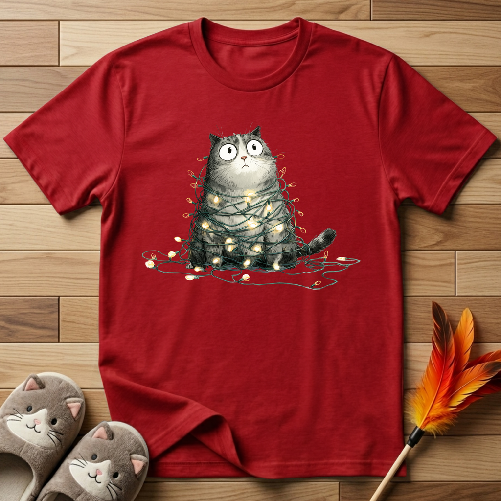 Cat Tangled Up In Xmas Lights T-Shirt