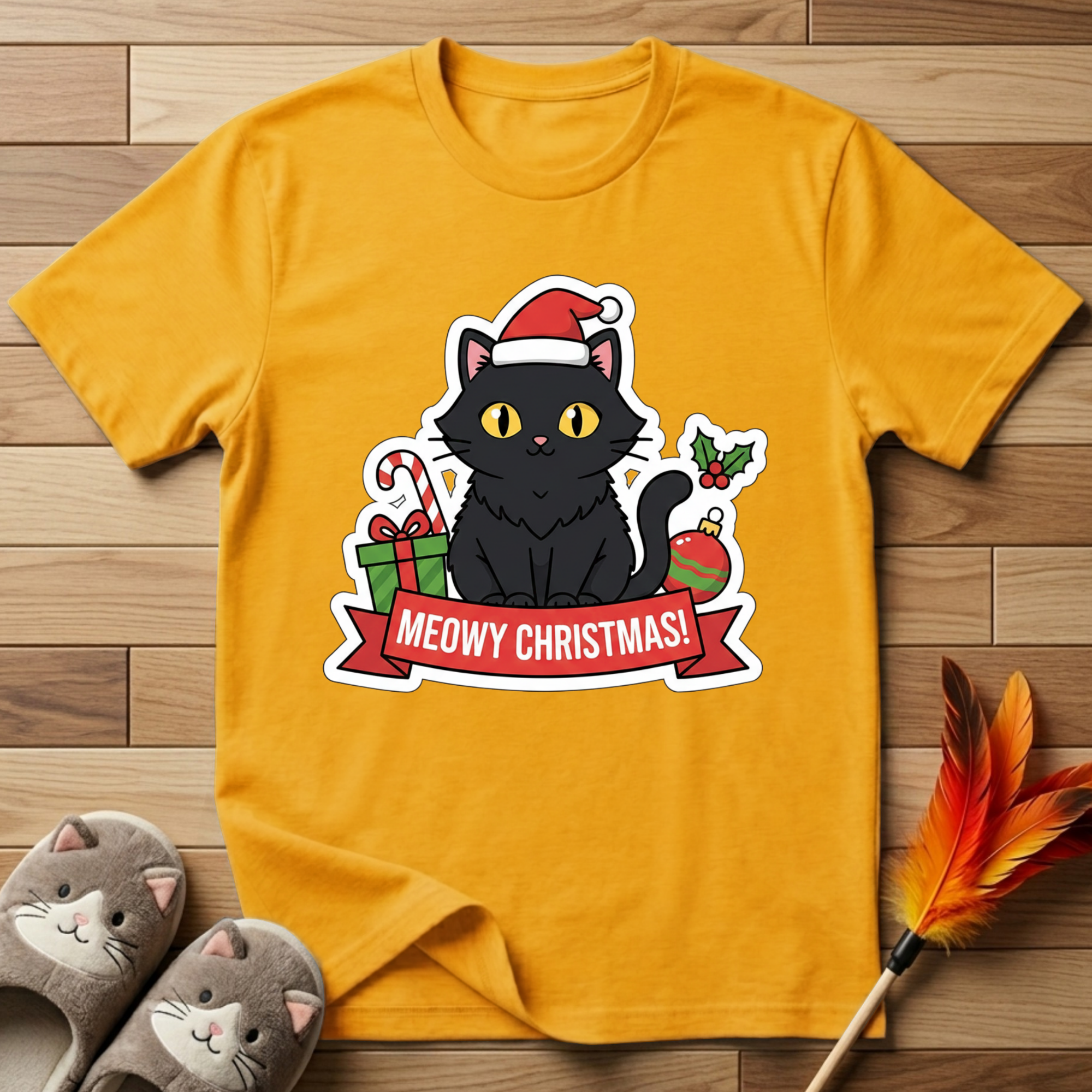 Meowy Christmas (Black Cat) T-Shirt