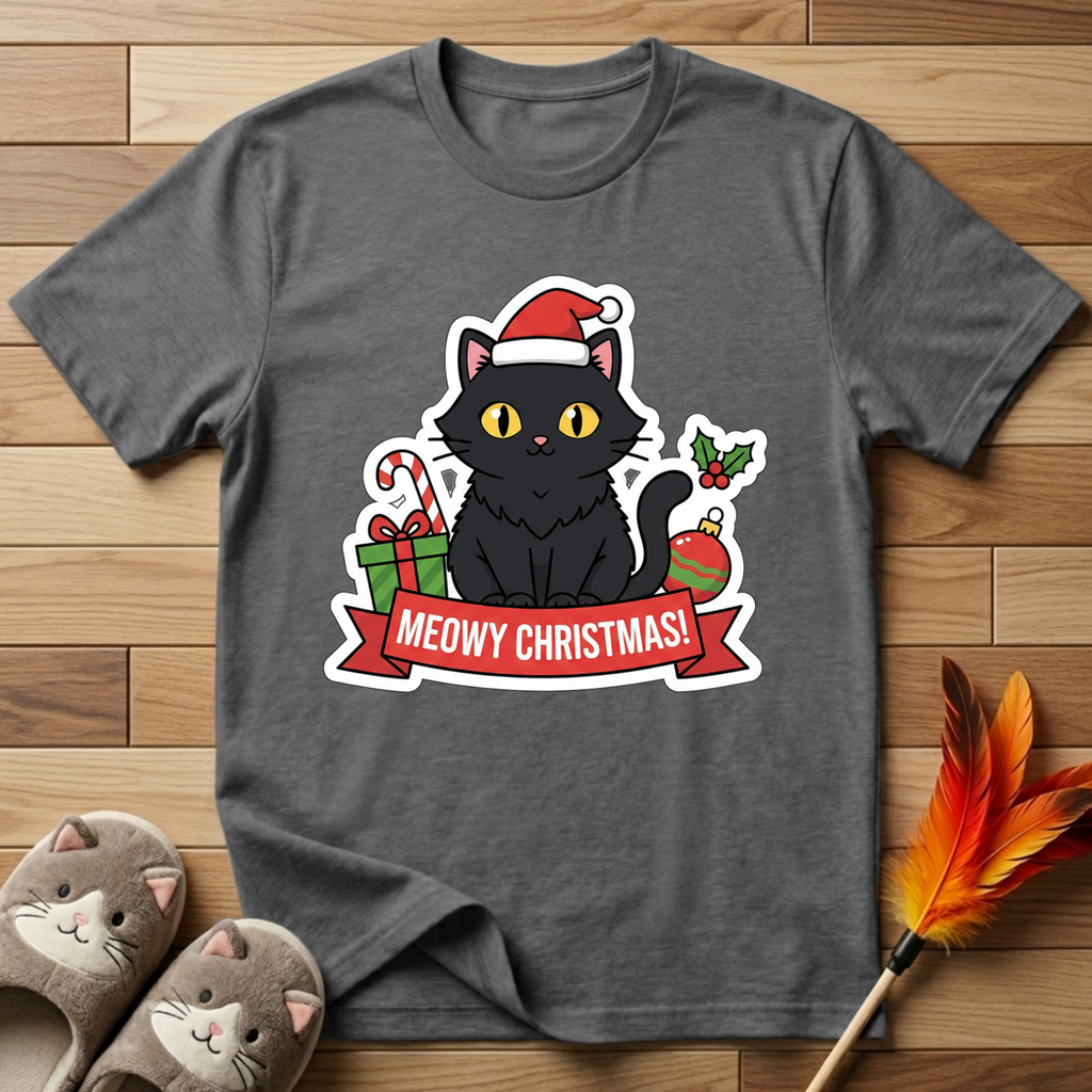 Meowy Christmas (Black Cat) T-Shirt