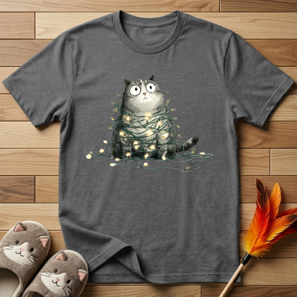 Cat Tangled Up In Xmas Lights T-Shirt