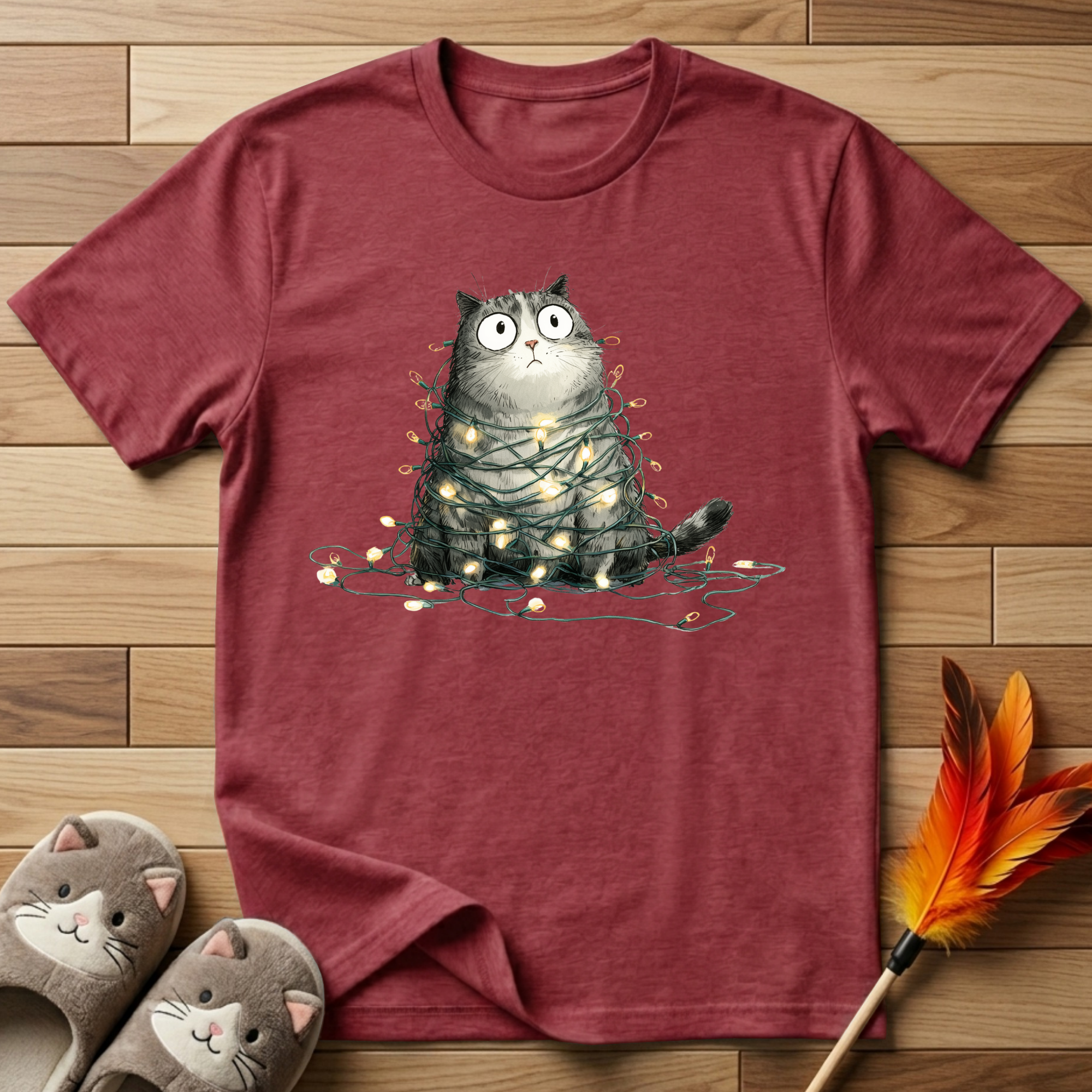 Cat Tangled Up In Xmas Lights T-Shirt