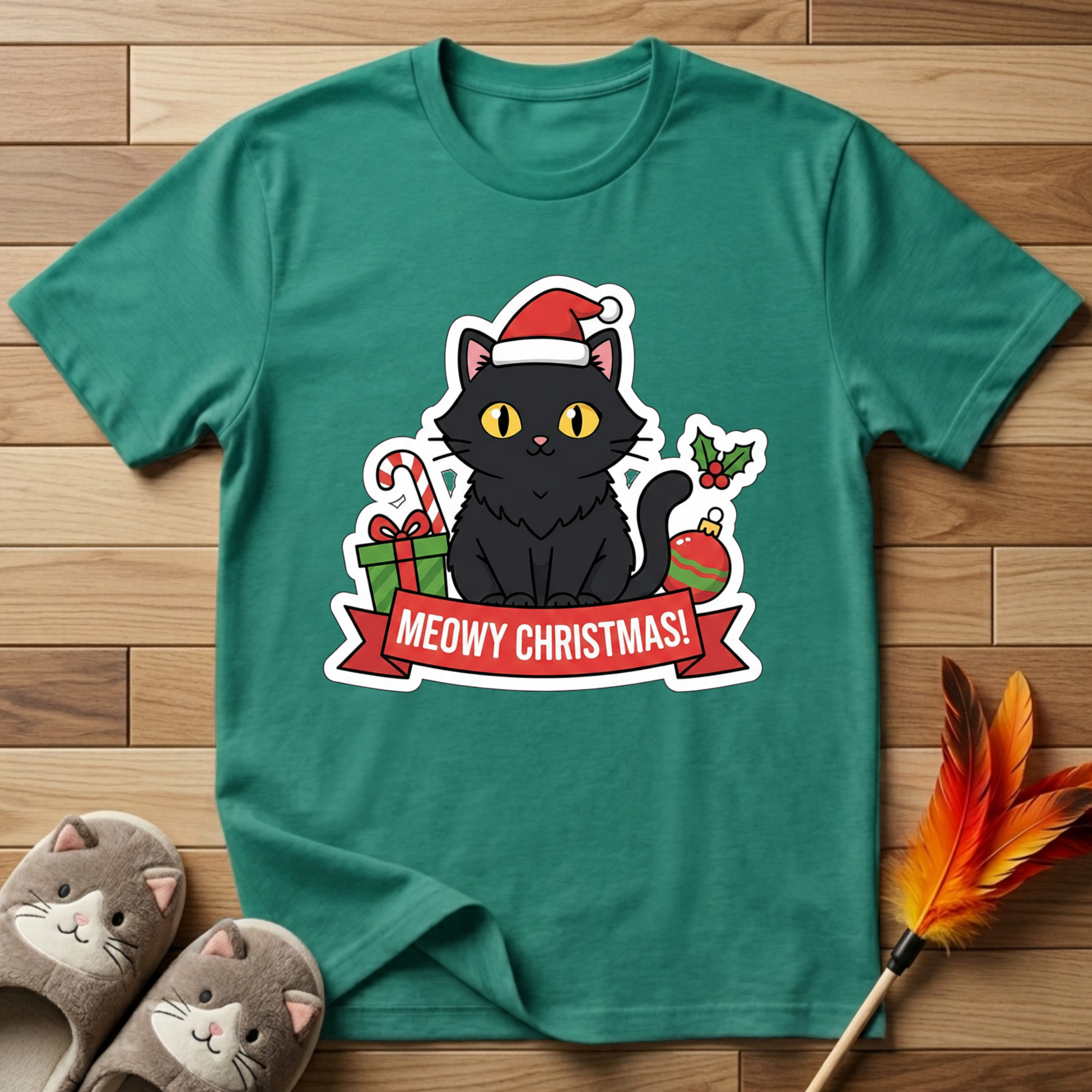 Meowy Christmas (Black Cat) T-Shirt