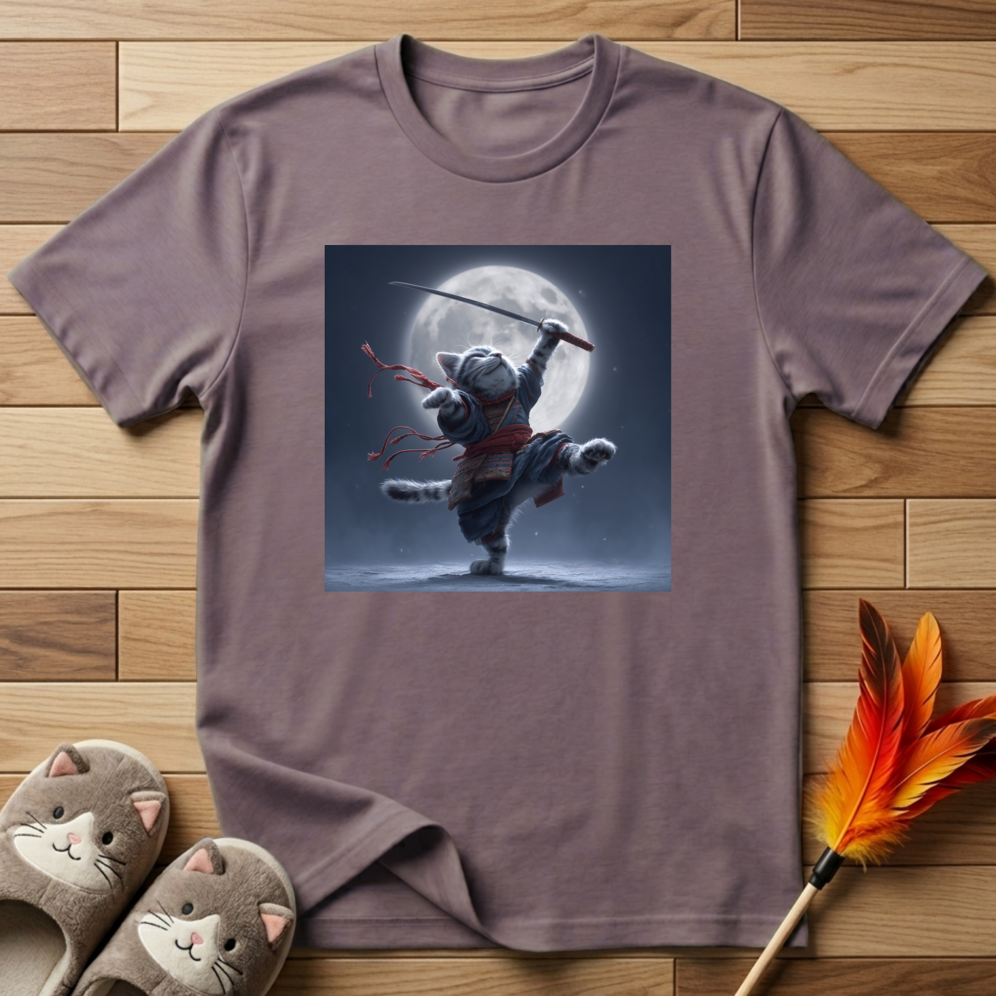 Samurai Cat and Moon T-Shirt