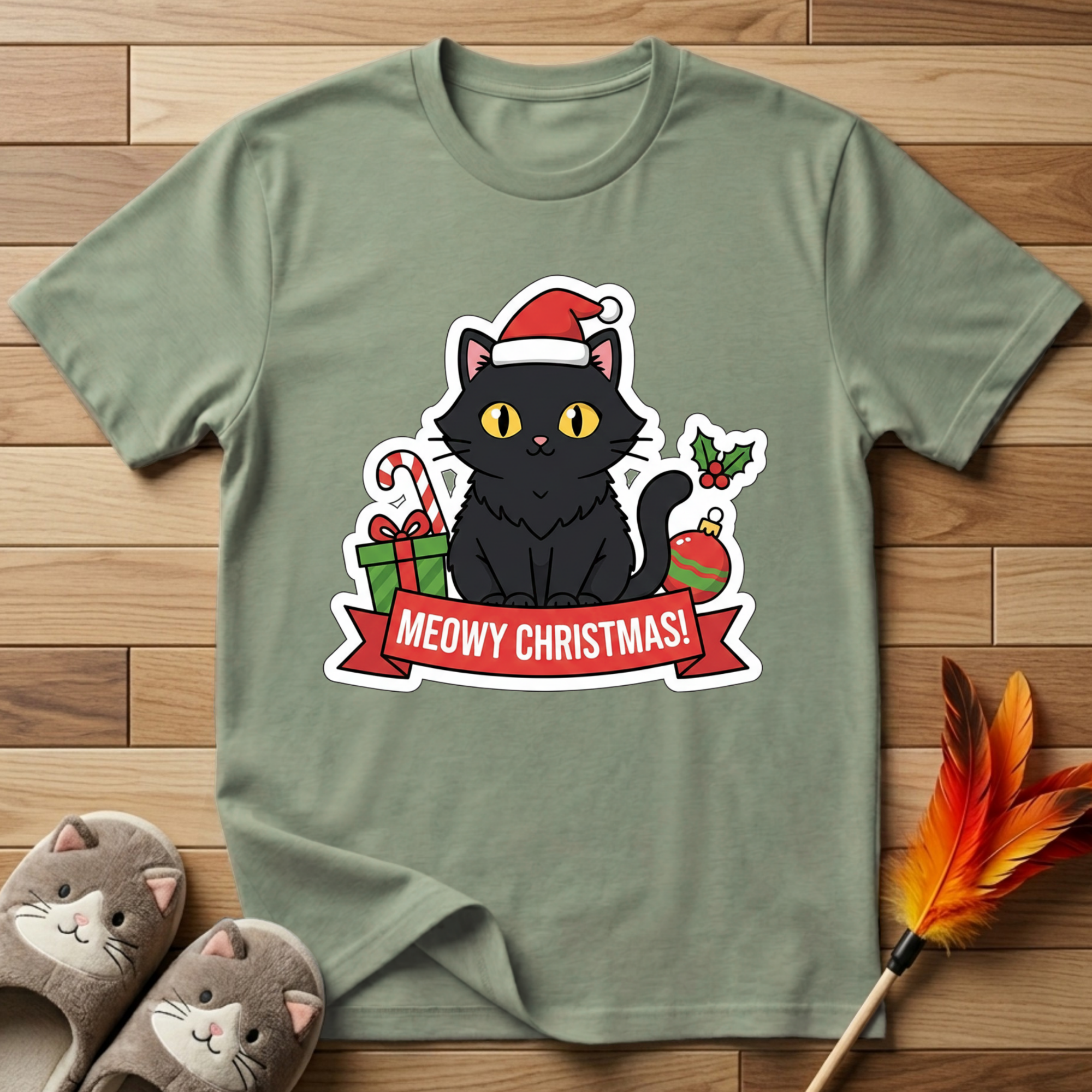 Meowy Christmas (Black Cat) T-Shirt