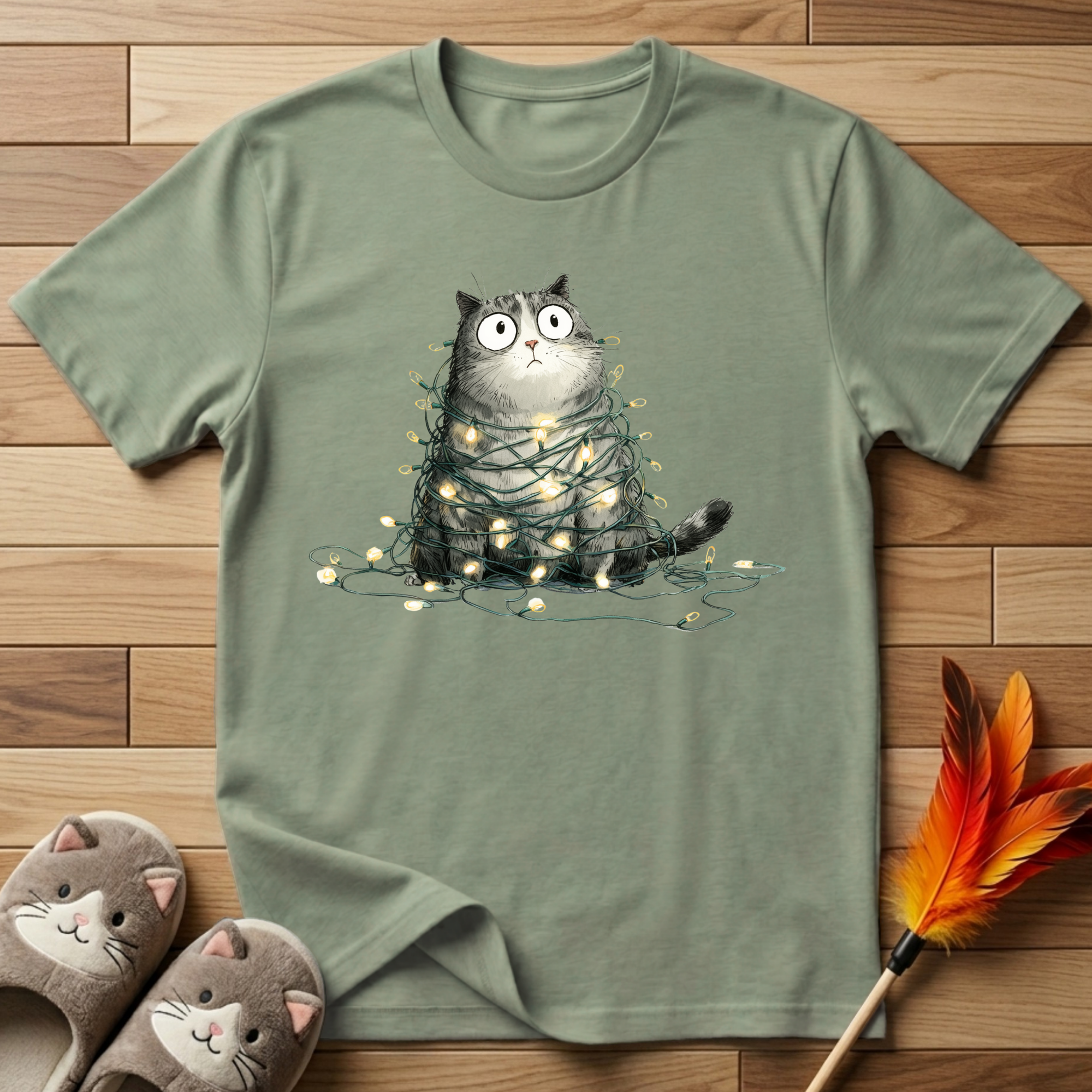 Cat Tangled Up In Xmas Lights T-Shirt