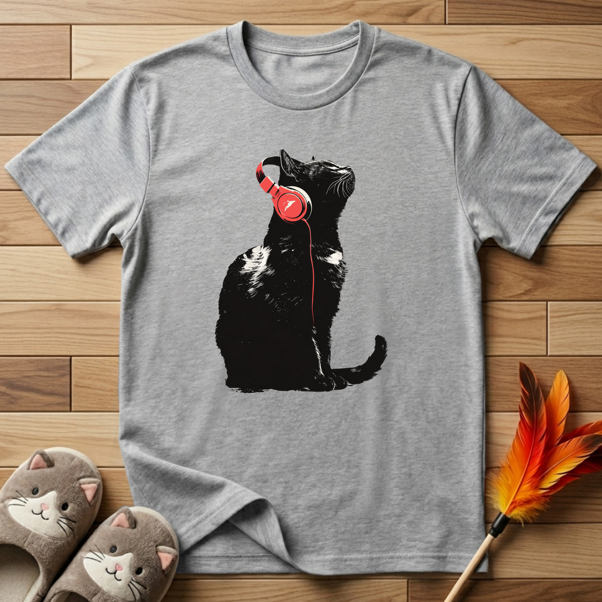 Cat With Red Headphones T-Shirt
