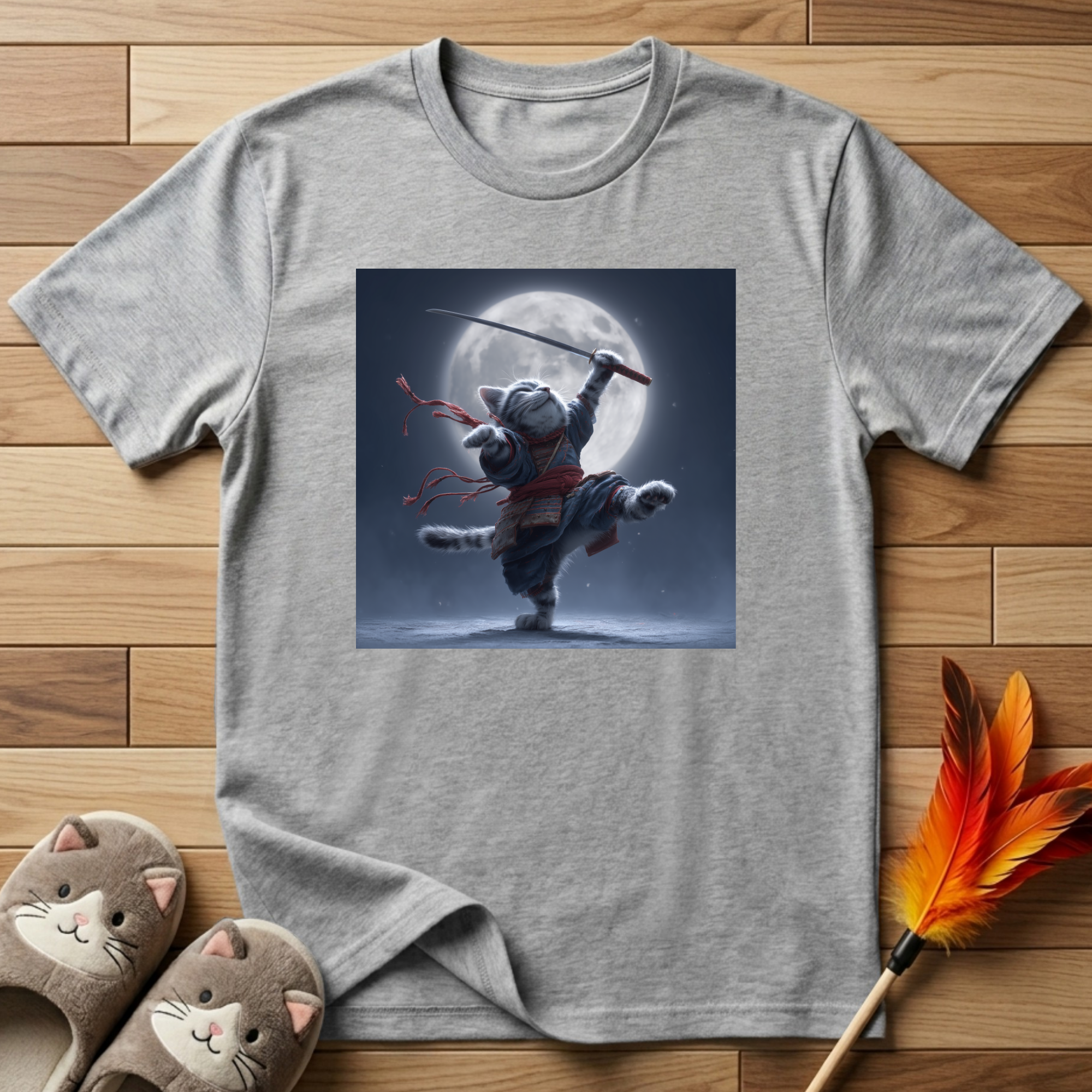Samurai Cat and Moon T-Shirt