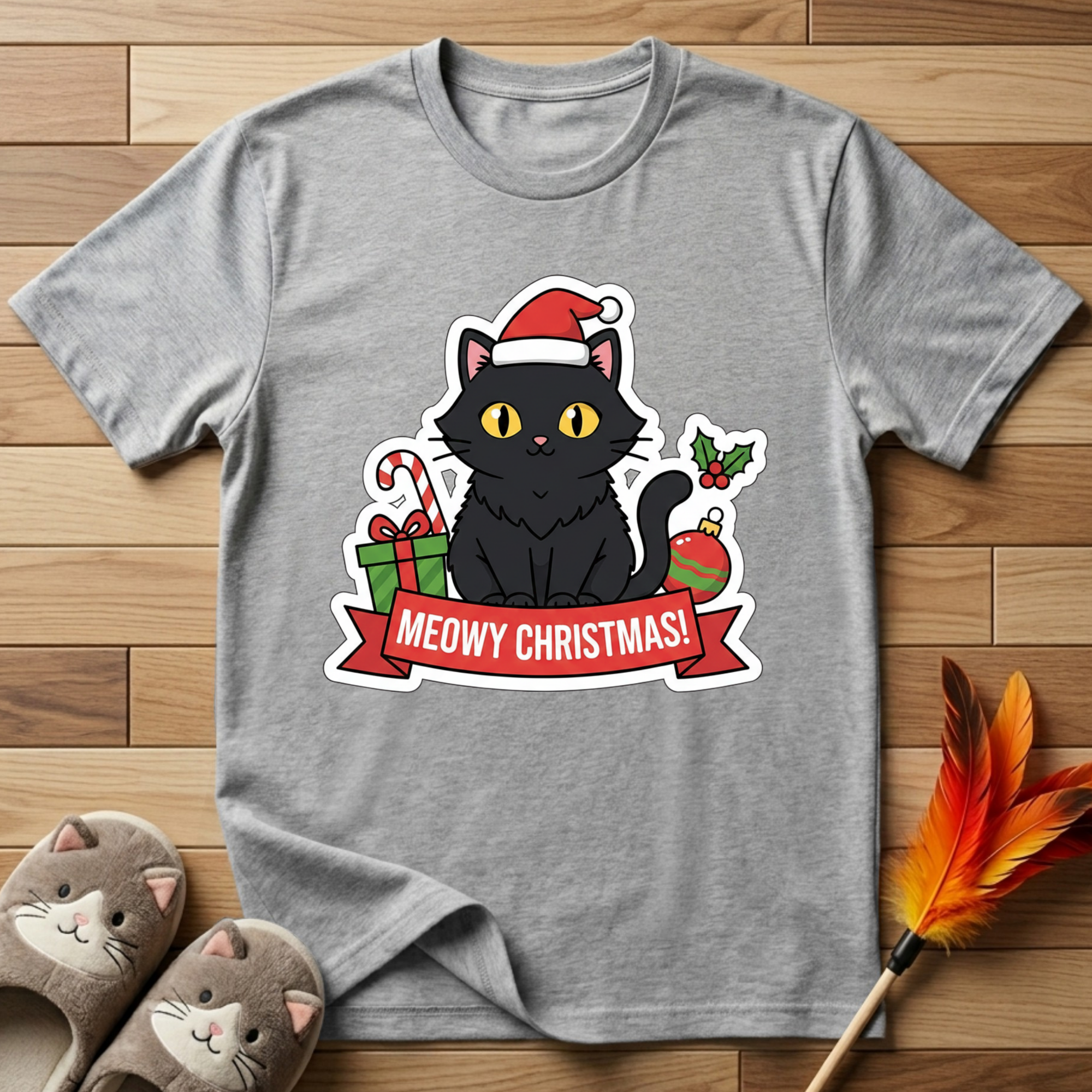 Meowy Christmas (Black Cat) T-Shirt