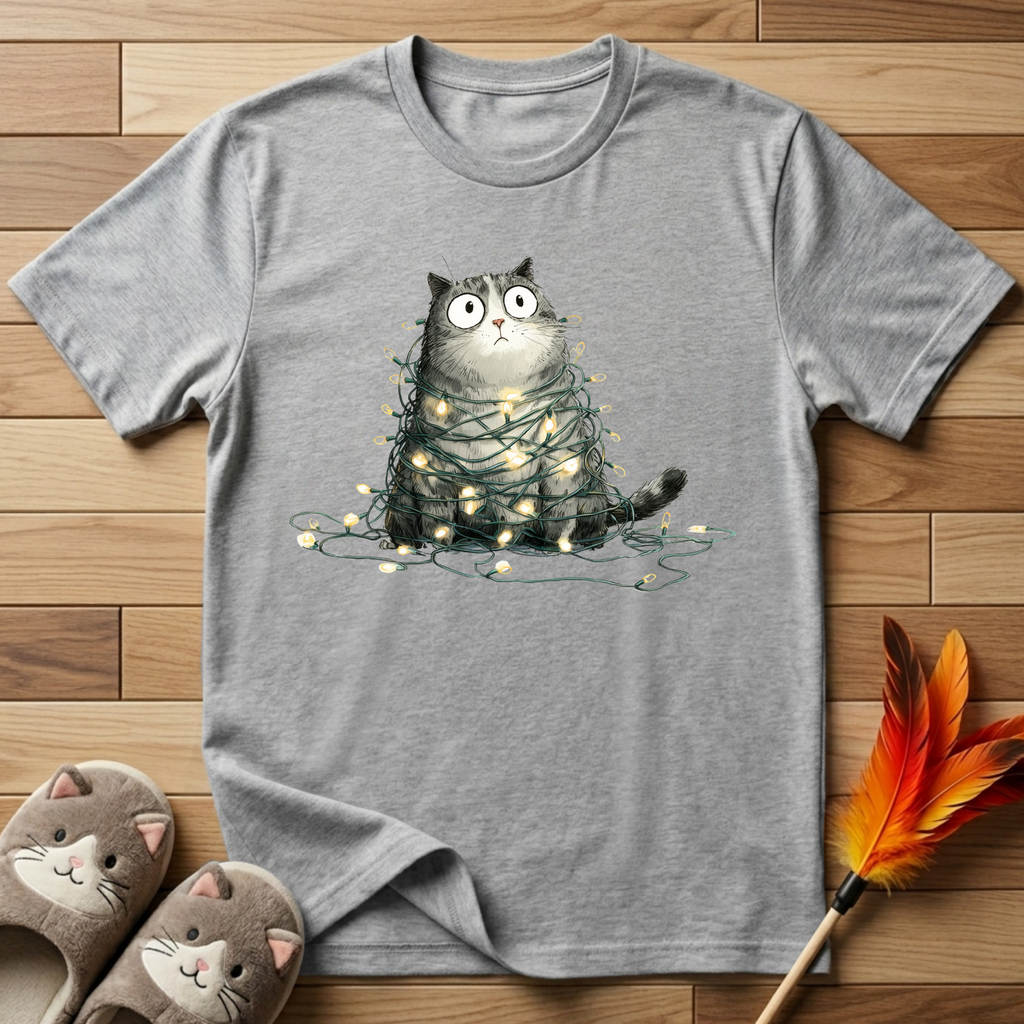 Cat Tangled Up In Xmas Lights T-Shirt