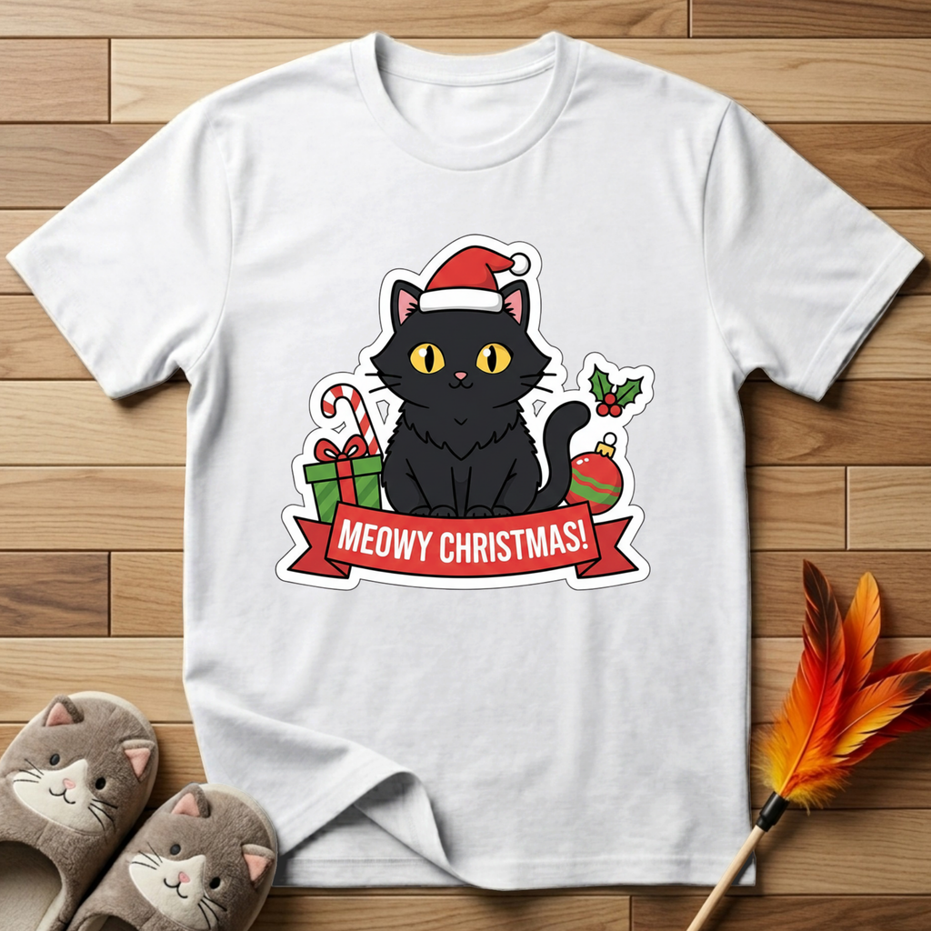 Meowy Christmas (Black Cat) T-Shirt