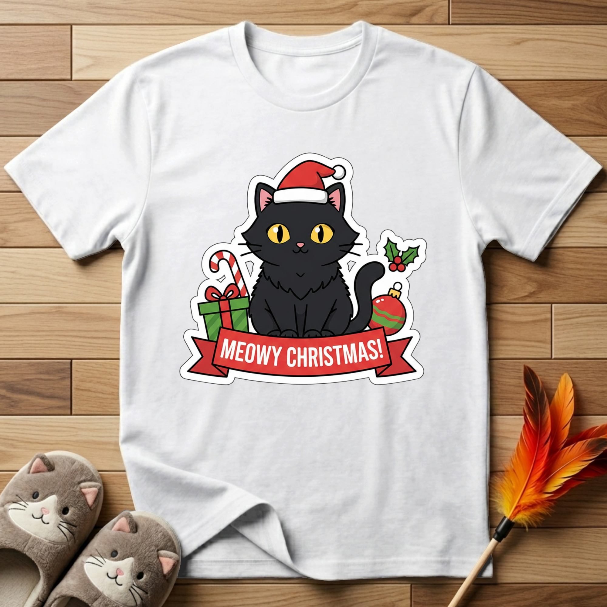 Meowy Christmas (Black Cat) T-Shirt