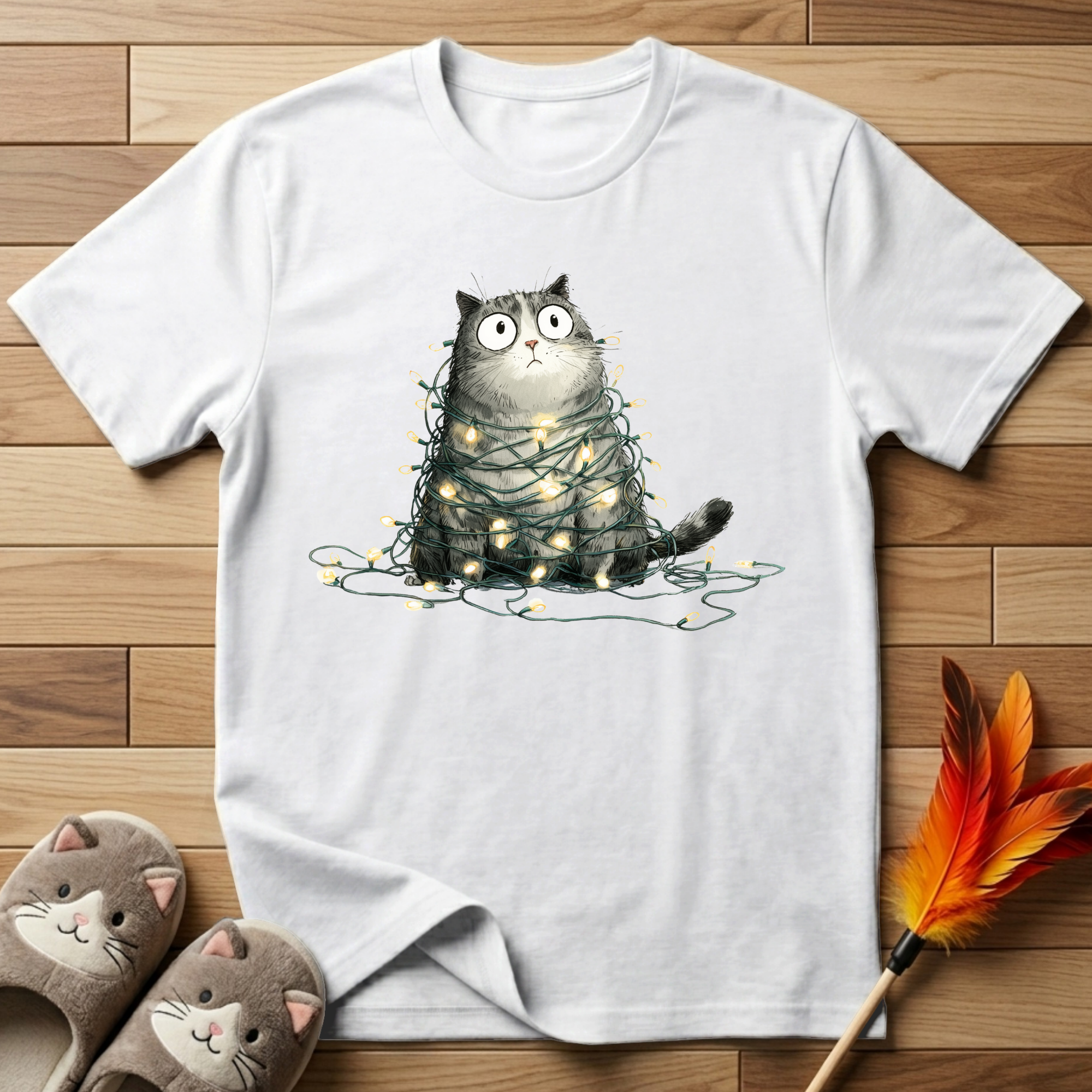 Cat Tangled Up In Xmas Lights T-Shirt