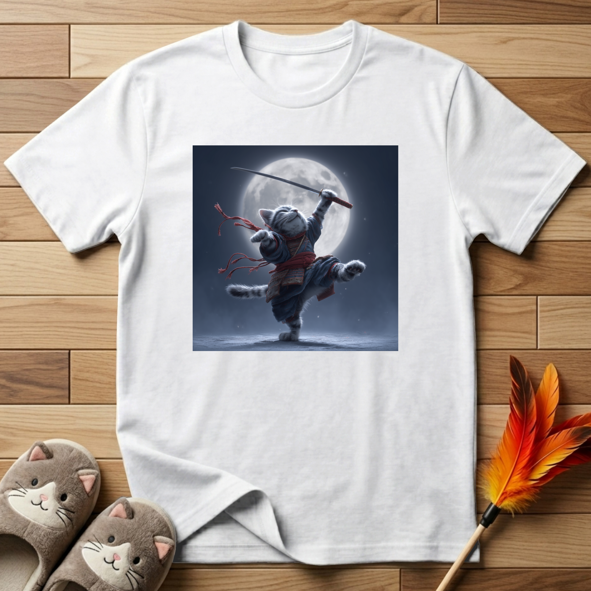 Samurai Cat and Moon T-Shirt